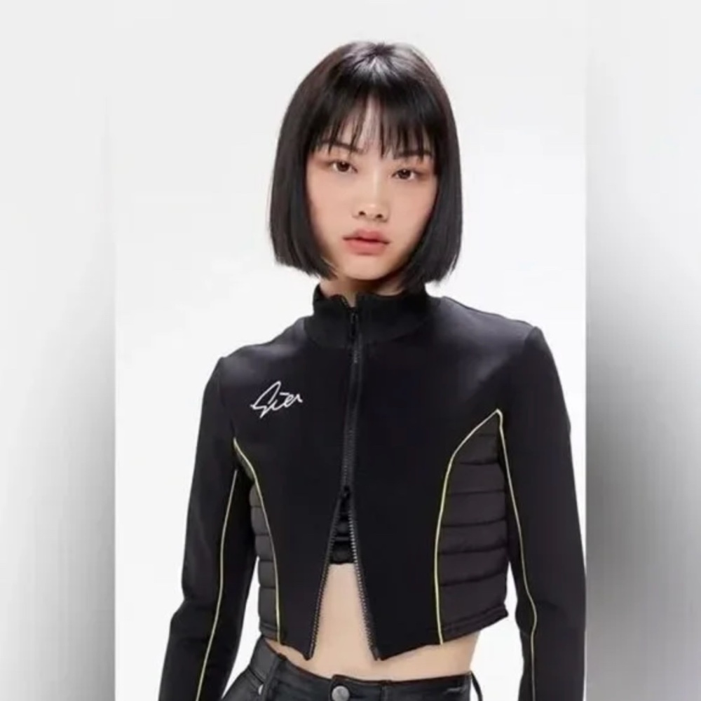 I.AM.GIA | Cropped Luna Biker Scuba Jacket in Black with Yellow Piping | Size S